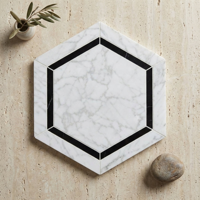 Oriental White (Asian Statuary) Marble 5x5 Polished Hexagon Mosaic Hexagon Combination Mosaic (w/ Black)