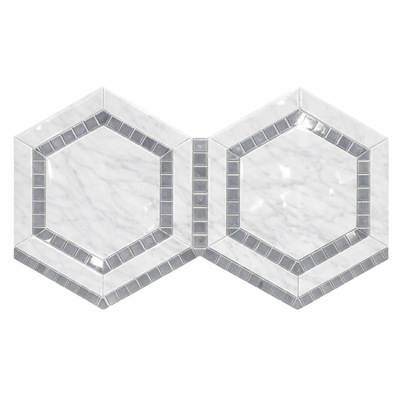Oriental White (Asian Statuary) Marble 5x5 Polished Hexagon Mosaic Hexagon Combination Mosaic (w/ Blue-Gray)