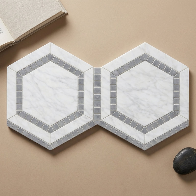 Oriental White (Asian Statuary) Marble 5x5 Polished Hexagon Mosaic Hexagon Combination Mosaic (w/ Blue-Gray)