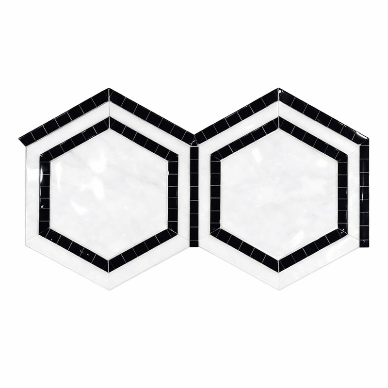 Thassos White (Greek) Marble 5x5 Polished Hexagon Mosaic Hexagon Combination Mosaic (w/ Black)