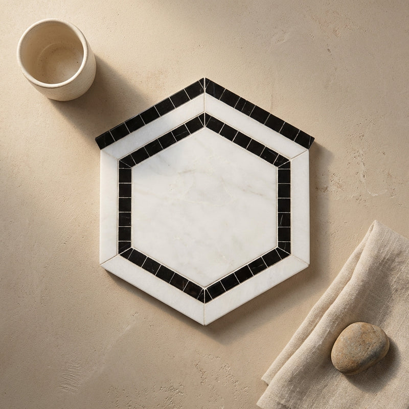 Thassos White (Greek) Marble 5x5 Polished Hexagon Mosaic Hexagon Combination Mosaic (w/ Black)
