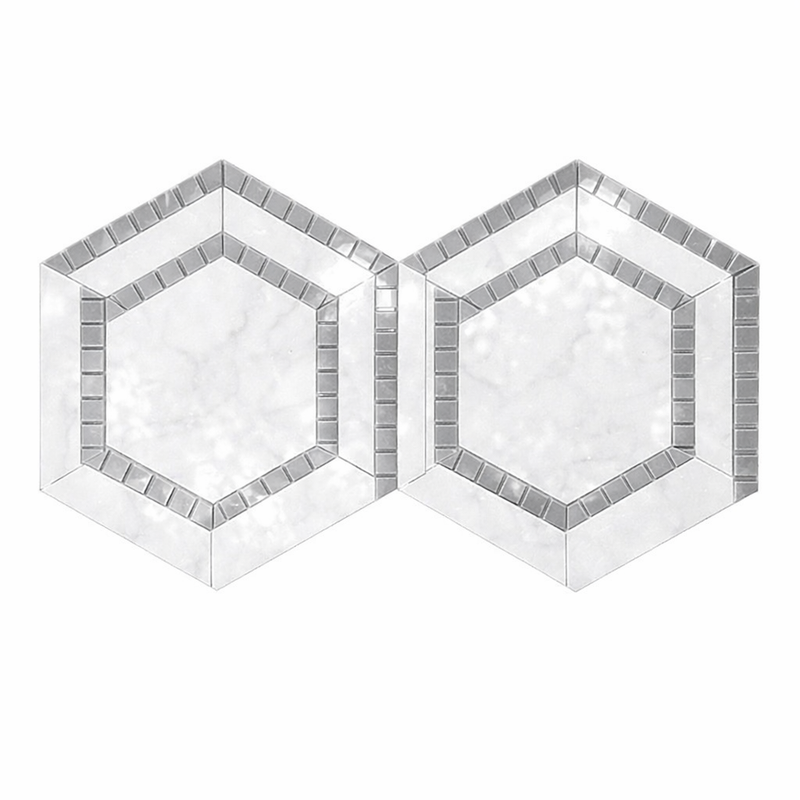 Thassos White (Greek) Marble 5x5 Polished Hexagon Mosaic Hexagon Combination Mosaic (w/ Blue-Gray)