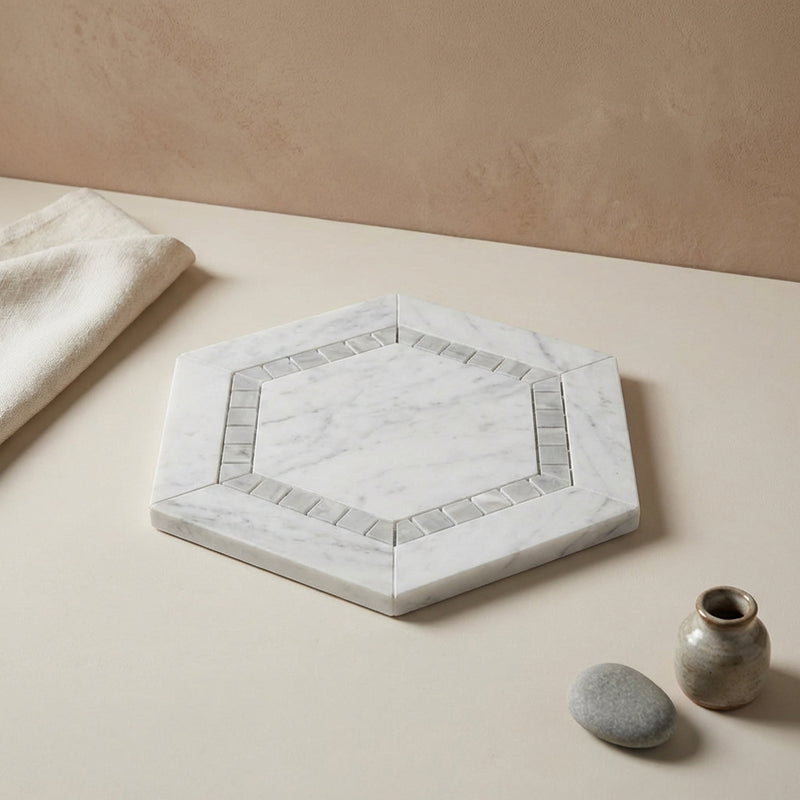 Thassos White (Greek) Marble 5x5 Polished Hexagon Mosaic Hexagon Combination Mosaic (w/ Blue-Gray)