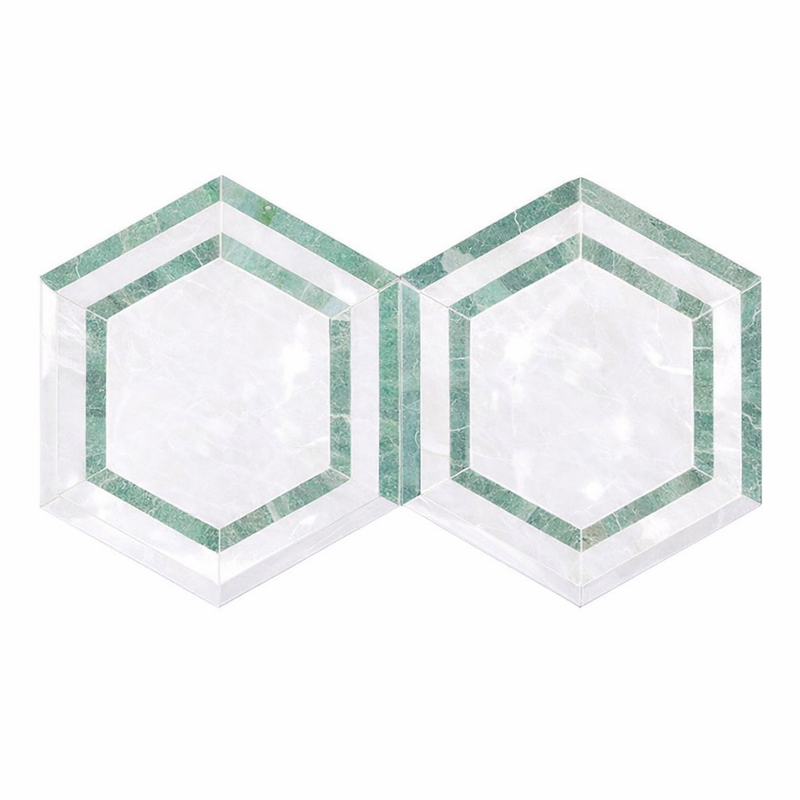 Thassos White (Greek) Marble 5x5 Polished Hexagon Mosaic Hexagon Combination Mosaic (w/ Ming-Green)