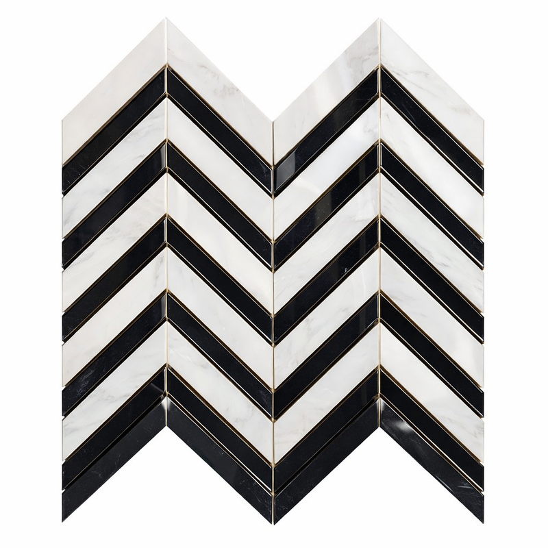 Oriental White (Asian Statuary) Marble Polished Chevron Mosaic Chevron (LARGE) (w/ Oriental White / Black)