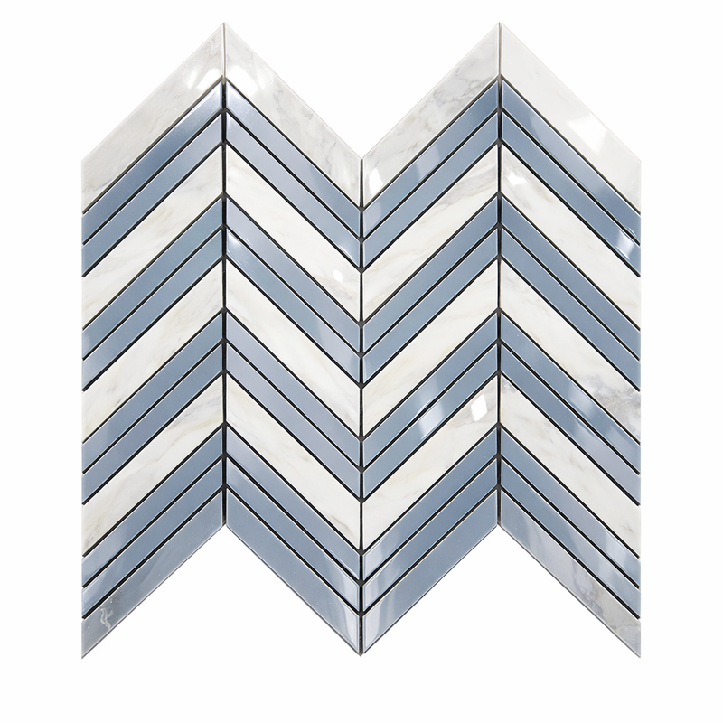 Oriental White (Asian Statuary) Marble Polished Chevron Mosaic Chevron (LARGE) (w/ Oriental White / Blue-Gray)