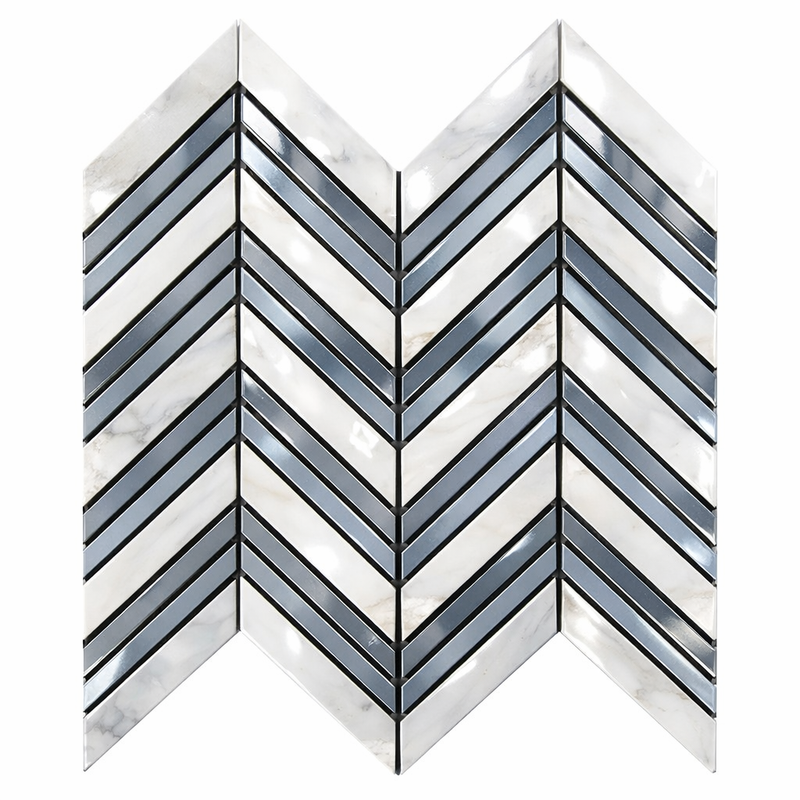 Oriental White (Asian Statuary) Marble Polished Chevron Mosaic Chevron (LARGE) (w/ Oriental White / Oriental White)
