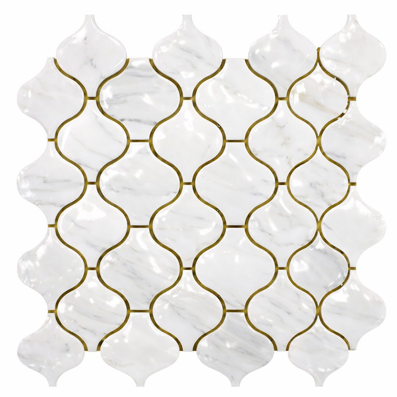 Oriental White (Asian Statuary) Marble Polished Lantern Mosaic (3") (Arabesque / Moroccan / Baroque)