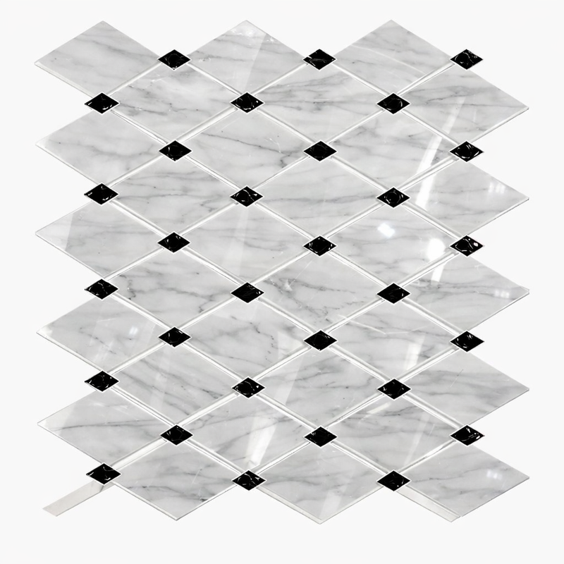 Oriental White (Asian Statuary) Marble Polished Lattice Mosaic (Thassos + Oriental White + Black)