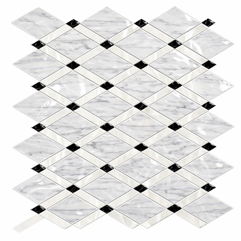 Oriental White (Asian Statuary) Marble Polished Lattice Mosaic (Thassos + Oriental White + Blue-Gray)