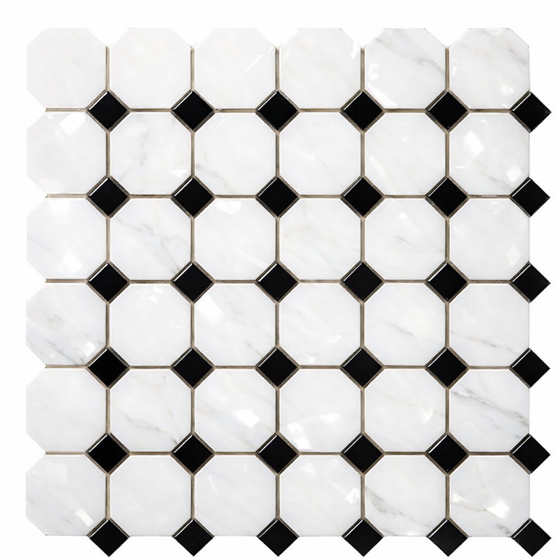 Oriental White (Asian Statuary) Marble Polished Octagon Mosaic (w/ Black)