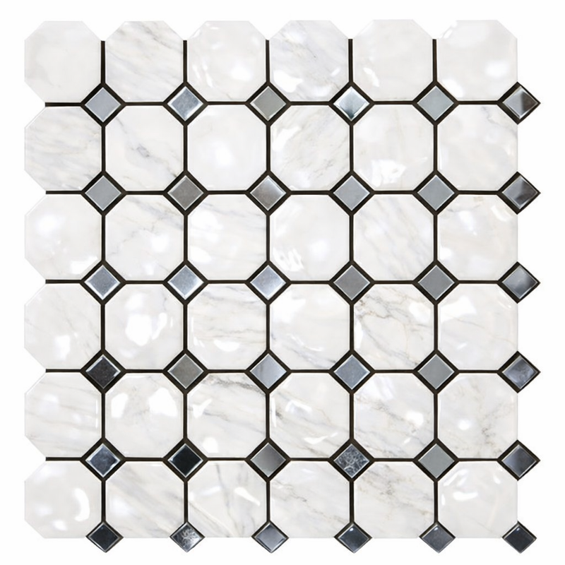 Oriental White (Asian Statuary) Marble Polished Octagon Mosaic (w/ Blue-Gray)