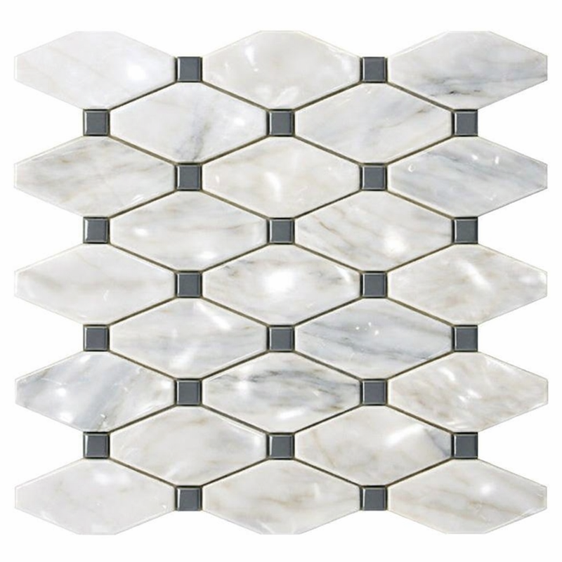 Oriental White (Asian Statuary) Marble Polished Octave Mosaic Octave (Long Octagon) Mosaic (w/ Black)