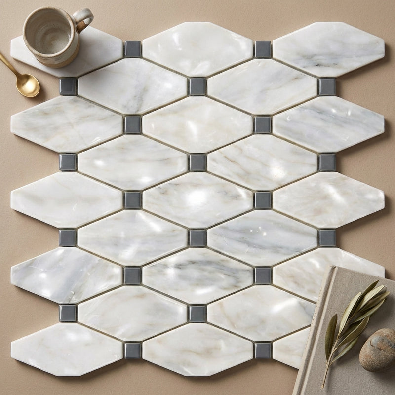 Oriental White (Asian Statuary) Marble Polished Octave Mosaic Octave (Long Octagon) Mosaic (w/ Black)