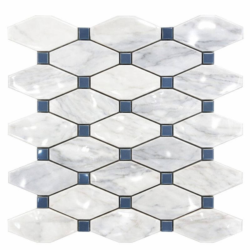 Oriental White (Asian Statuary) Marble Polished Octave Mosaic Octave (Long Octagon) Mosaic (w/ Blue-Gray)