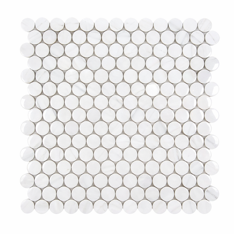 Oriental White (Asian Statuary) Marble Polished Penny-Round Mosaic (Oriental White + Thassos + Black)
