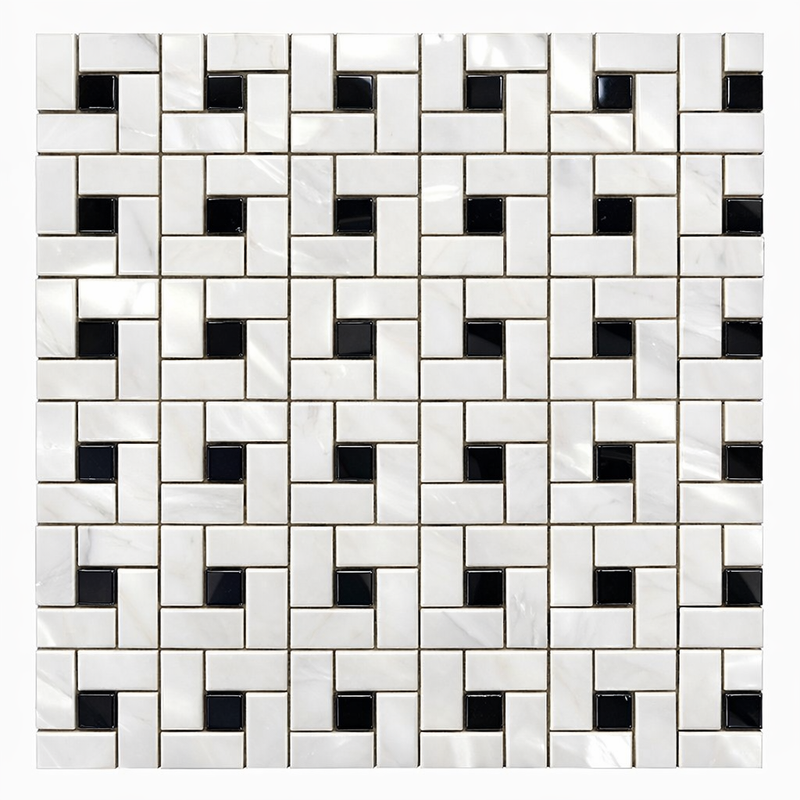 Oriental White (Asian Statuary) Marble Polished Pinwheel Mosaic (w/ Black)