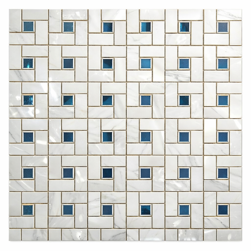 Oriental White (Asian Statuary) Marble Polished Pinwheel Mosaic (w/ Blue-Gray)