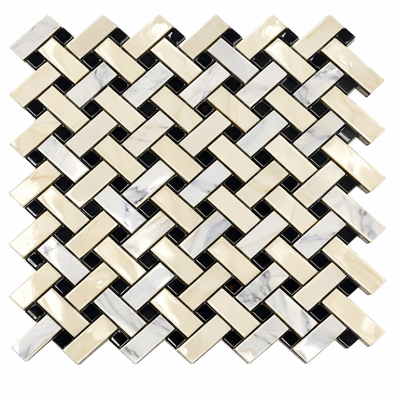 Oriental White (Asian Statuary) Marble Polished Stanza Mosaic (w/ Black)