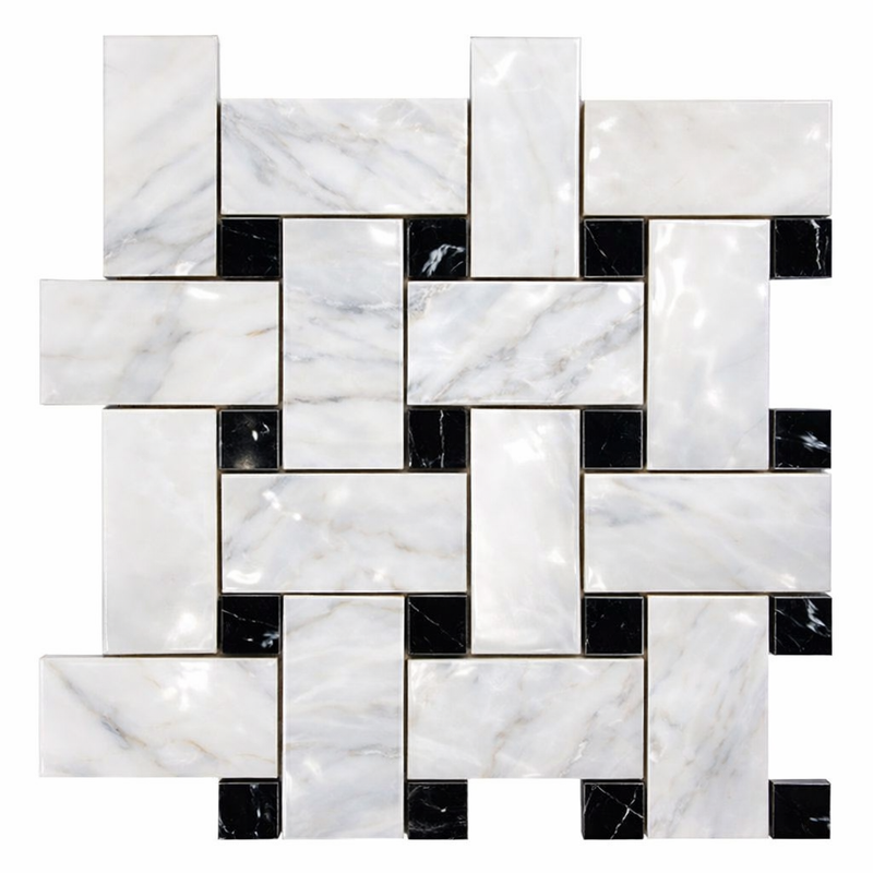 Oriental White (Asian Statuary) Marble Polished Basketweave Mosaic w/ (Black)