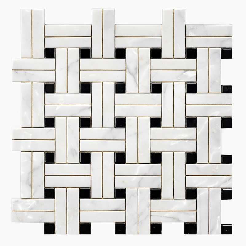 Oriental White (Asian Statuary) Marble Polished Mosaic Triple-Weave (w/ Black)
