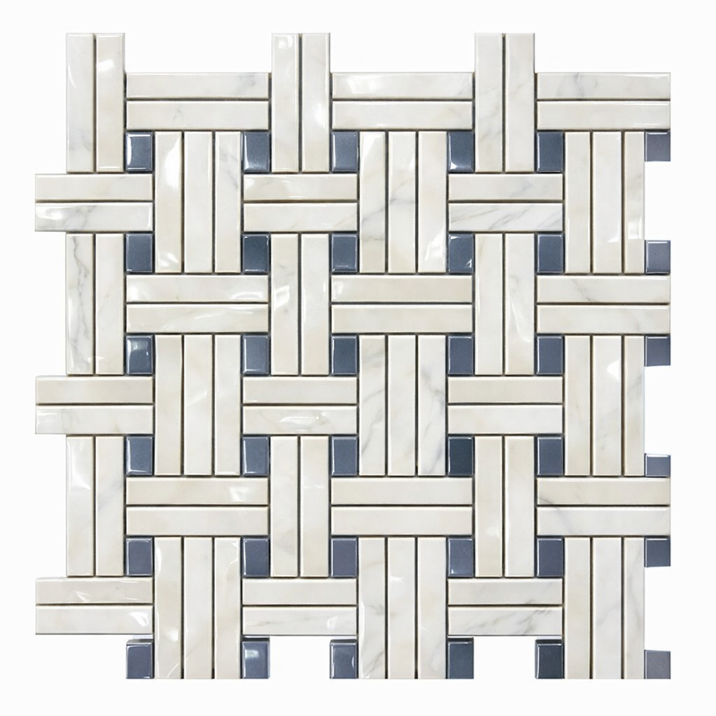 Oriental White (Asian Statuary) Marble Polished Mosaic Triple-Weave (w/ Blue-Gray)