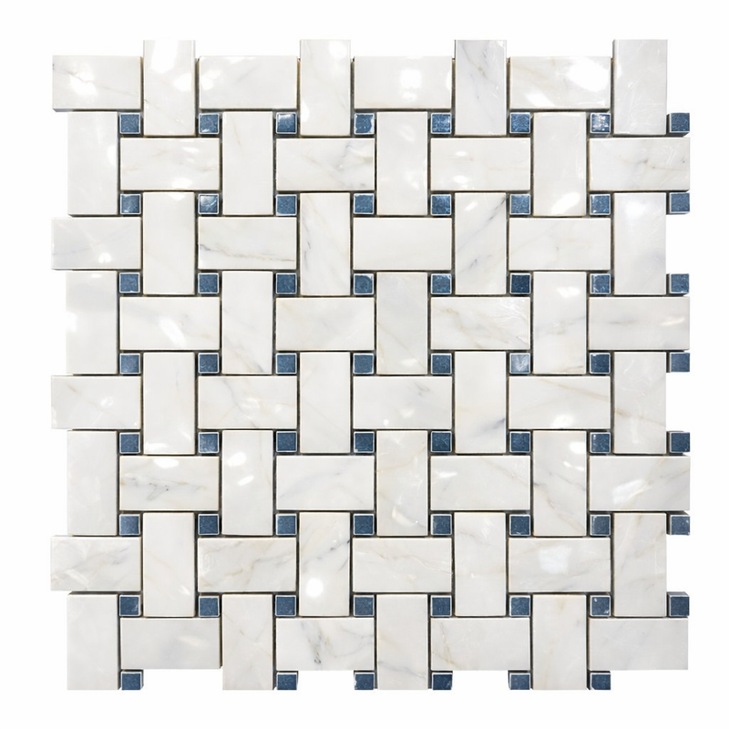 Oriental White (Asian Statuary) Marble Polished Basketweave Mosaic w/ (Blue-Gray)
