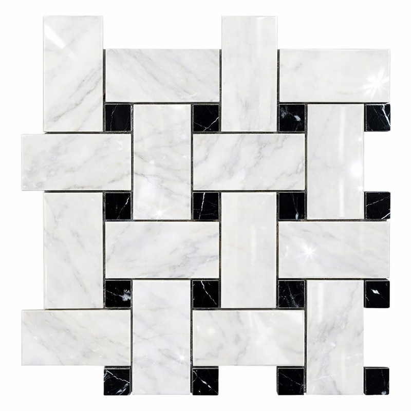 Oriental White (Asian Statuary) Marble Polished Basketweave Mosaic w/ (Black) - (LARGE)