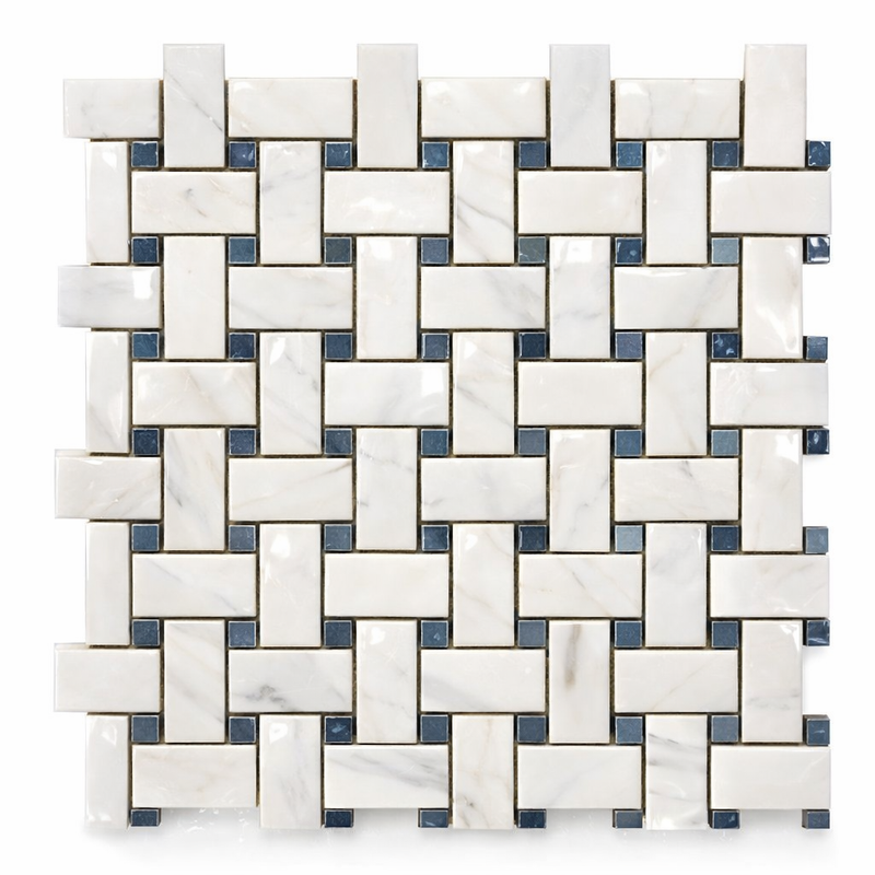 Oriental White (Asian Statuary) Marble Polished Basketweave Mosaic w/ (Blue-Gray) - (LARGE)