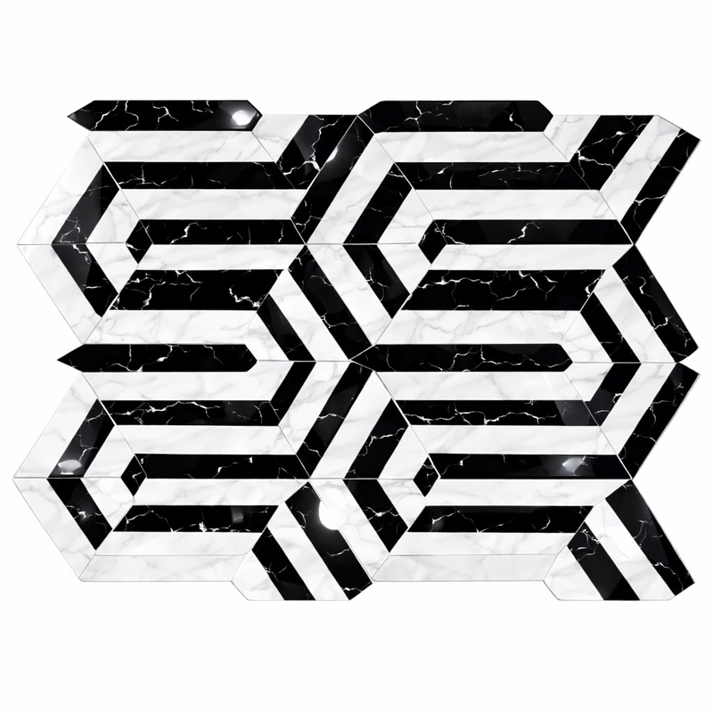 Oriental White (Asian Statuary) Marble Polished Mosaic Berlinetta Design (w/ Black)