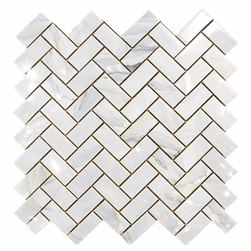 Oriental White (Asian Statuary) Marble 1x2 Polished Herringbone Mosaic