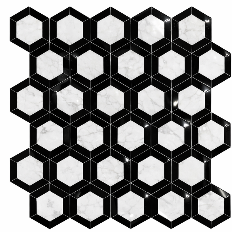 Oriental White (Asian Statuary) Marble 2x2 Polished Hexagon Mosaic Vortex Hexagon (w/ Black)