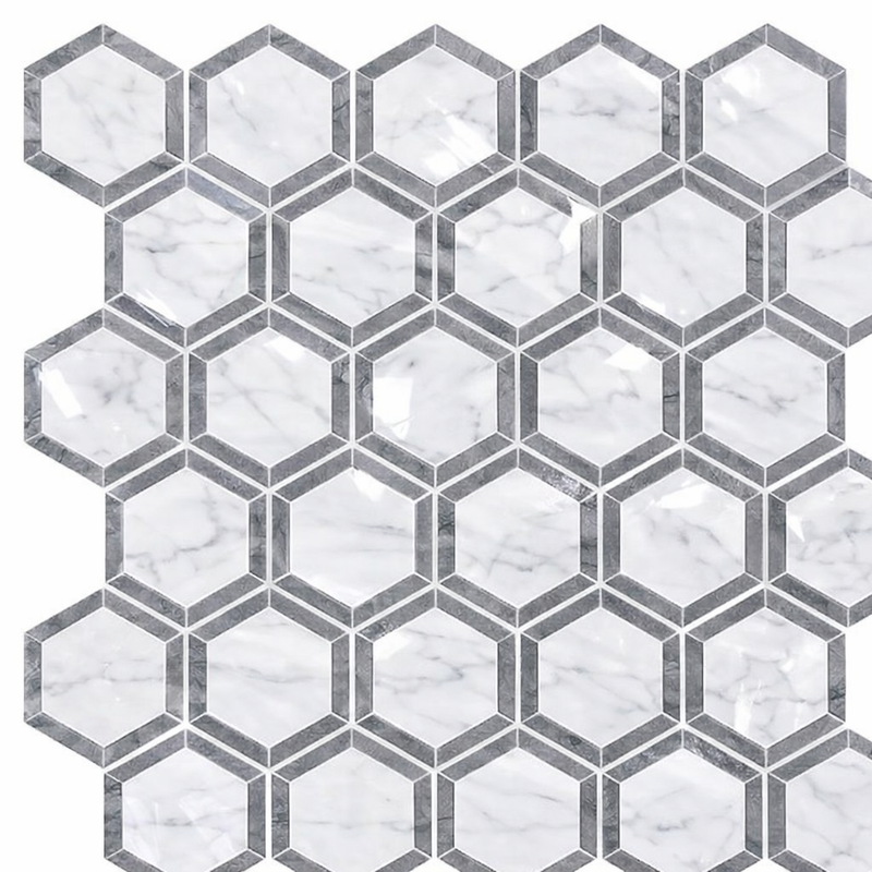 Oriental White (Asian Statuary) Marble 2x2 Polished Hexagon Mosaic Vortex Hexagon (w/ Blue-Gray)