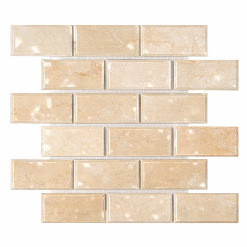 Crema Marfil (Spanish) Marble 2x4 Cream Polished Brick Joint Mosaic Deep-Beveled Brick Mosaic