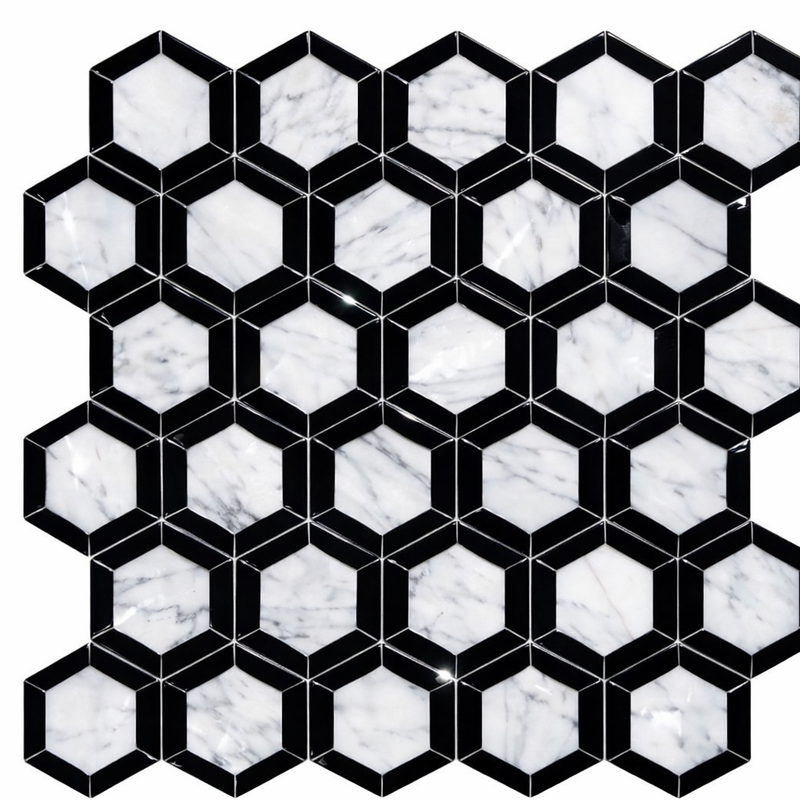 Carrara White (Italian) Marble 2x2 Polished Hexagon Mosaic Vortex Hexagon (w/ Black)