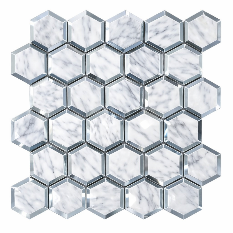 Carrara White (Italian) Marble 2x2 Polished Hexagon Mosaic Vortex Hexagon (w/ Blue-Gray)