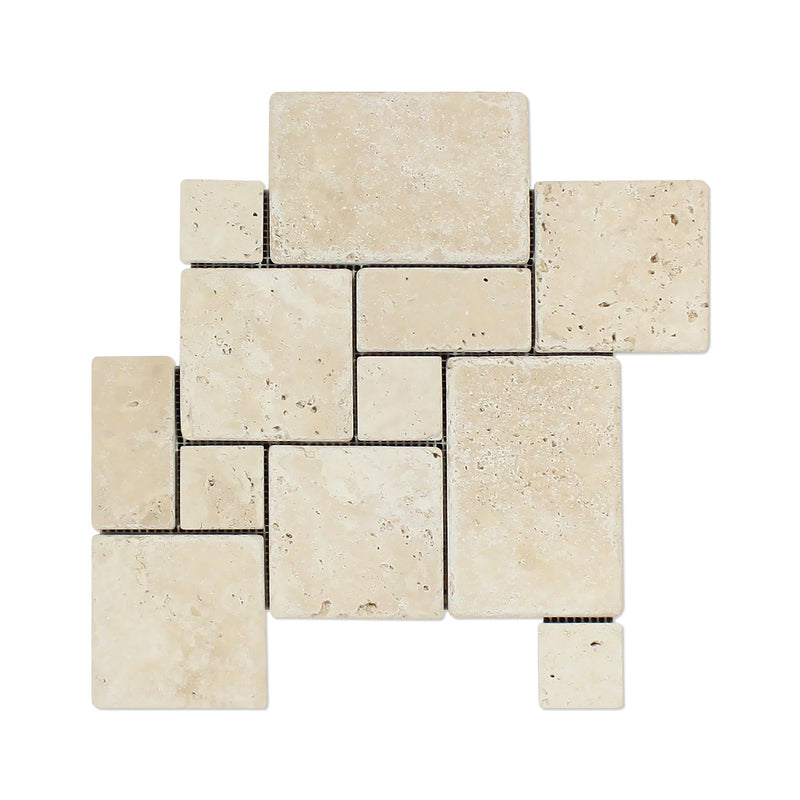 Ivory Cordoba Cream Travertine Tumbled Interlock Mini Mosaic
