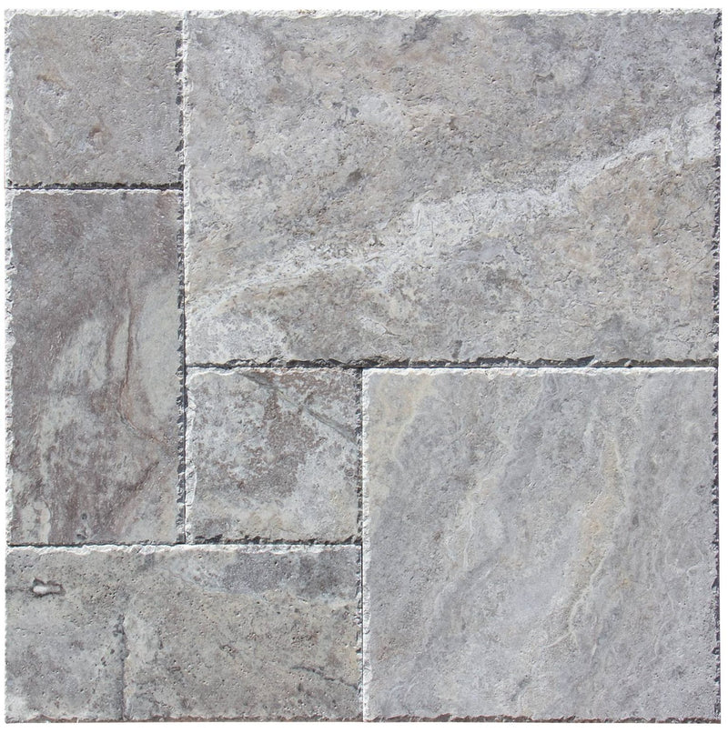 Silver Travertine Unfilled, Brushed & Chiseled French Versailles x 1/2 Cross Cut Tile