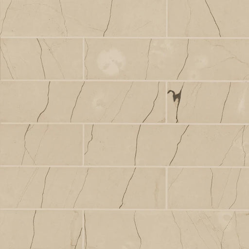 Warm beige Suave Due Lynx 16x4 smooth finish marble tiles with natural veining in a horizontal layout.