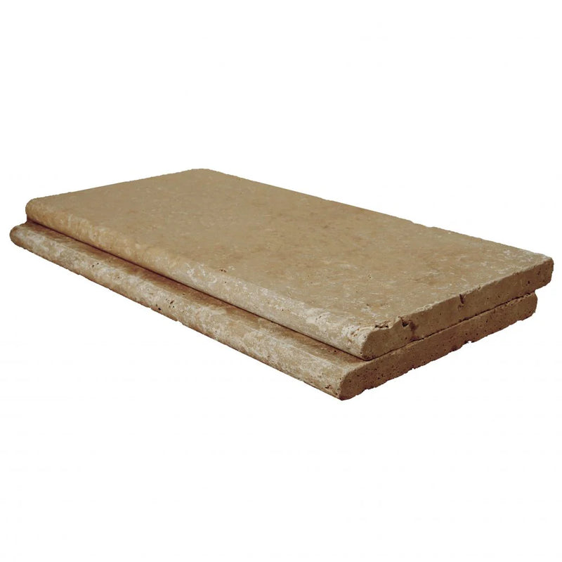 Chocolate Brown Walnut Travertine Tumbled 12 x 24 x 2 Bullnose Coping