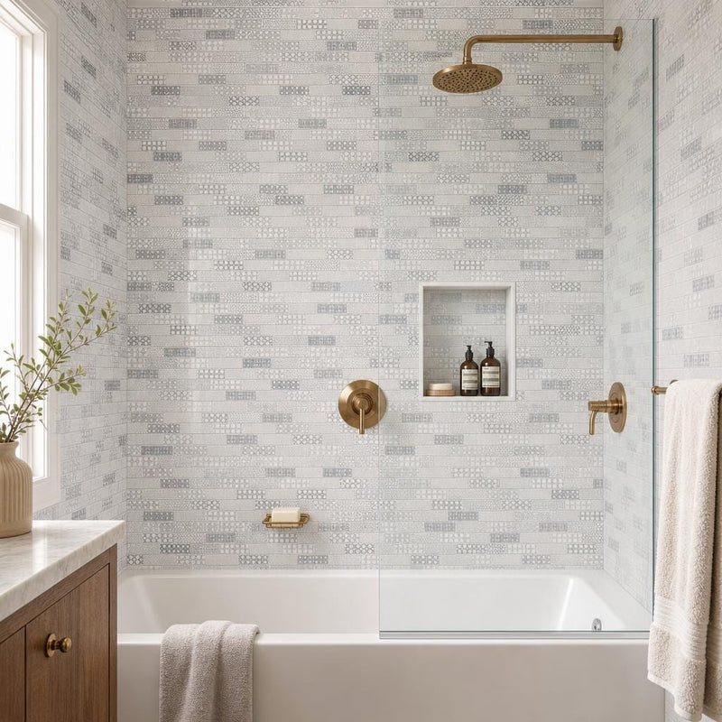 Abani Subway 2x6 Honed Marble Mosaic Tile — Bathroom tub surround