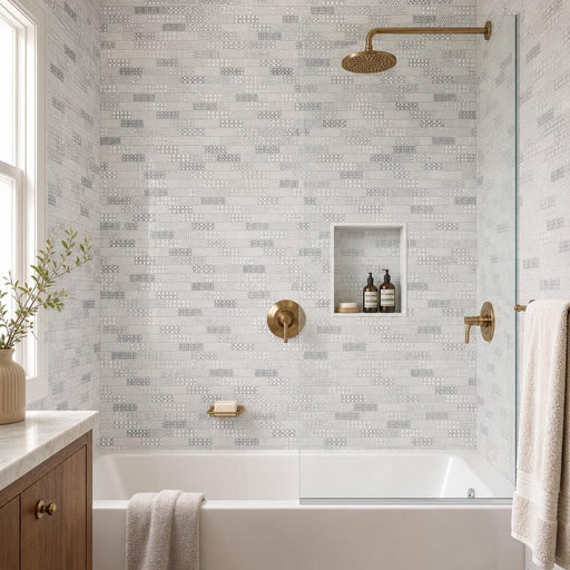 Abani Subway 2x6 Honed Marble Mosaic Tile — Bathroom tub surround