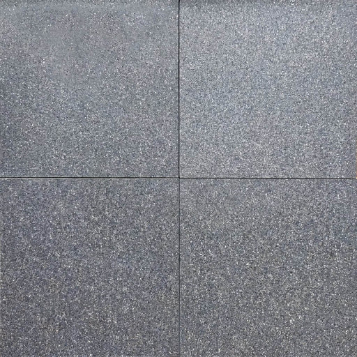 Absolute Black 18x18 flamed granite tile with a textured dark gray surface and fine mineral speckles.