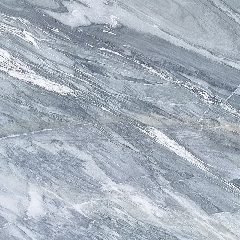 Acqua Pearl polished quartzite slab with blue-gray tones and flowing diagonal white veins.