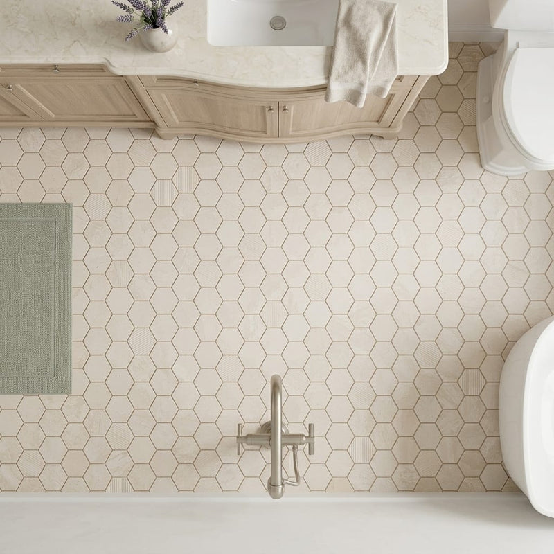Adour Limestone Mosaic in Creme, Hexagon 2x2 Size — Bathroom floor