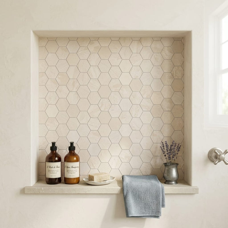 Adour Limestone Mosaic in Creme, Hexagon 2x2 Size — Bathroom niche