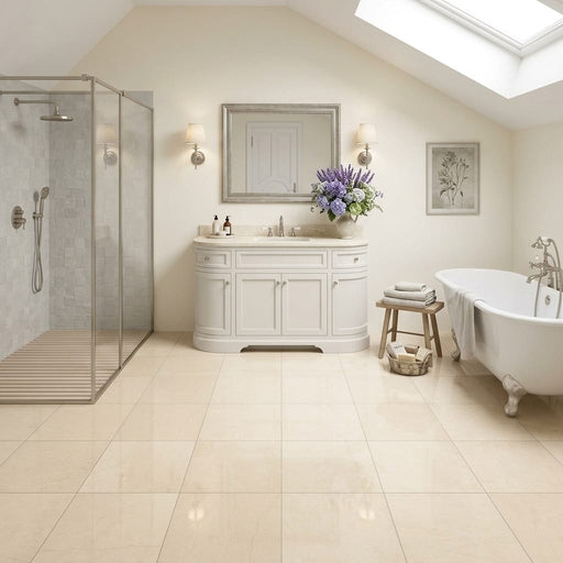 Adour Creme Limestone Tile 12x12 Polished 3/8 inch — Bathroom floor