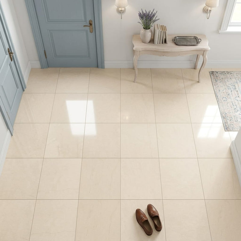 Adour Creme Limestone Tile 12x12 Polished 3/8 inch — Foyer floor