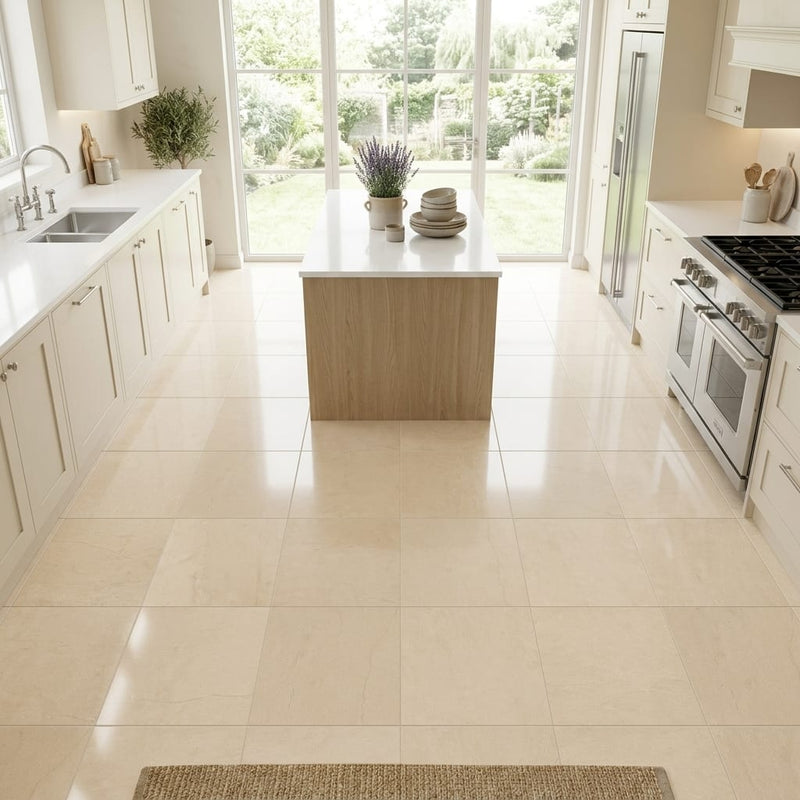 Adour Creme Limestone Tile 12x12 Polished 3/8 inch — Kitchen floor