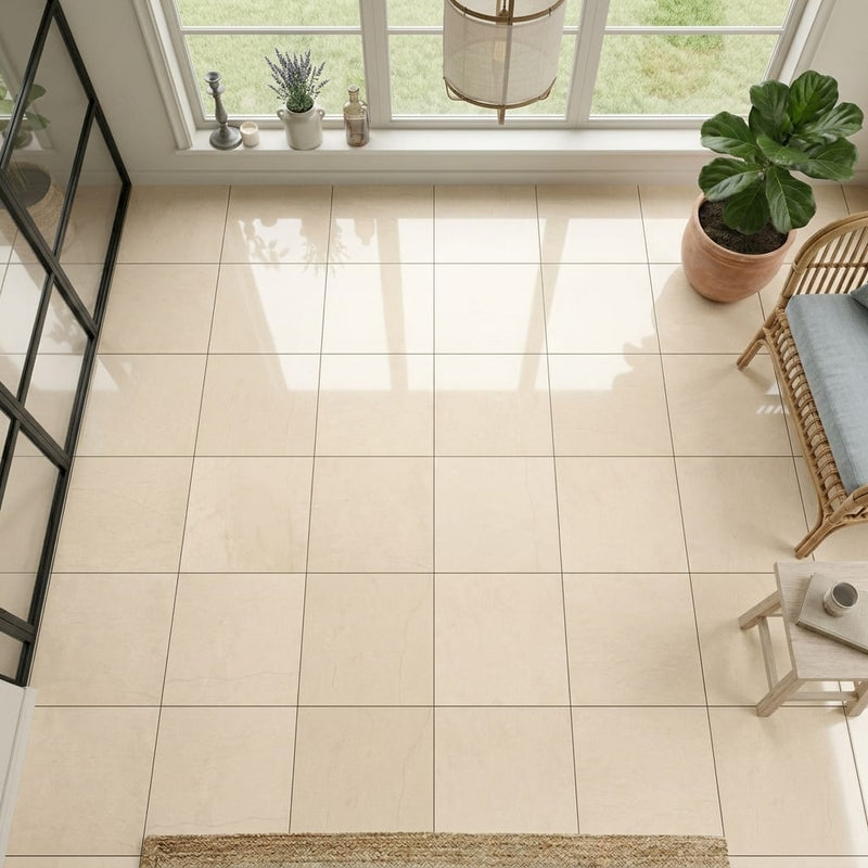 Adour Creme Limestone Tile 12x12 Polished 3/8 inch — Sunroom floor